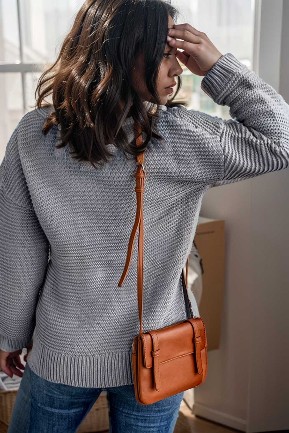 casual chunky knit mock neck long sleeve split pullover sweater 112511