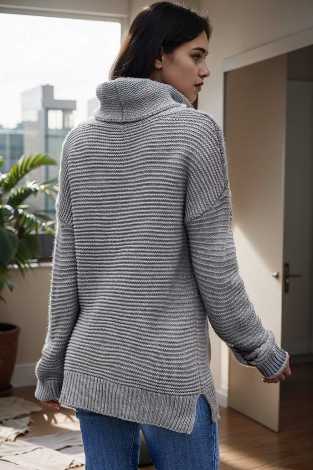 casual chunky knit mock neck long sleeve split pullover sweater 112410