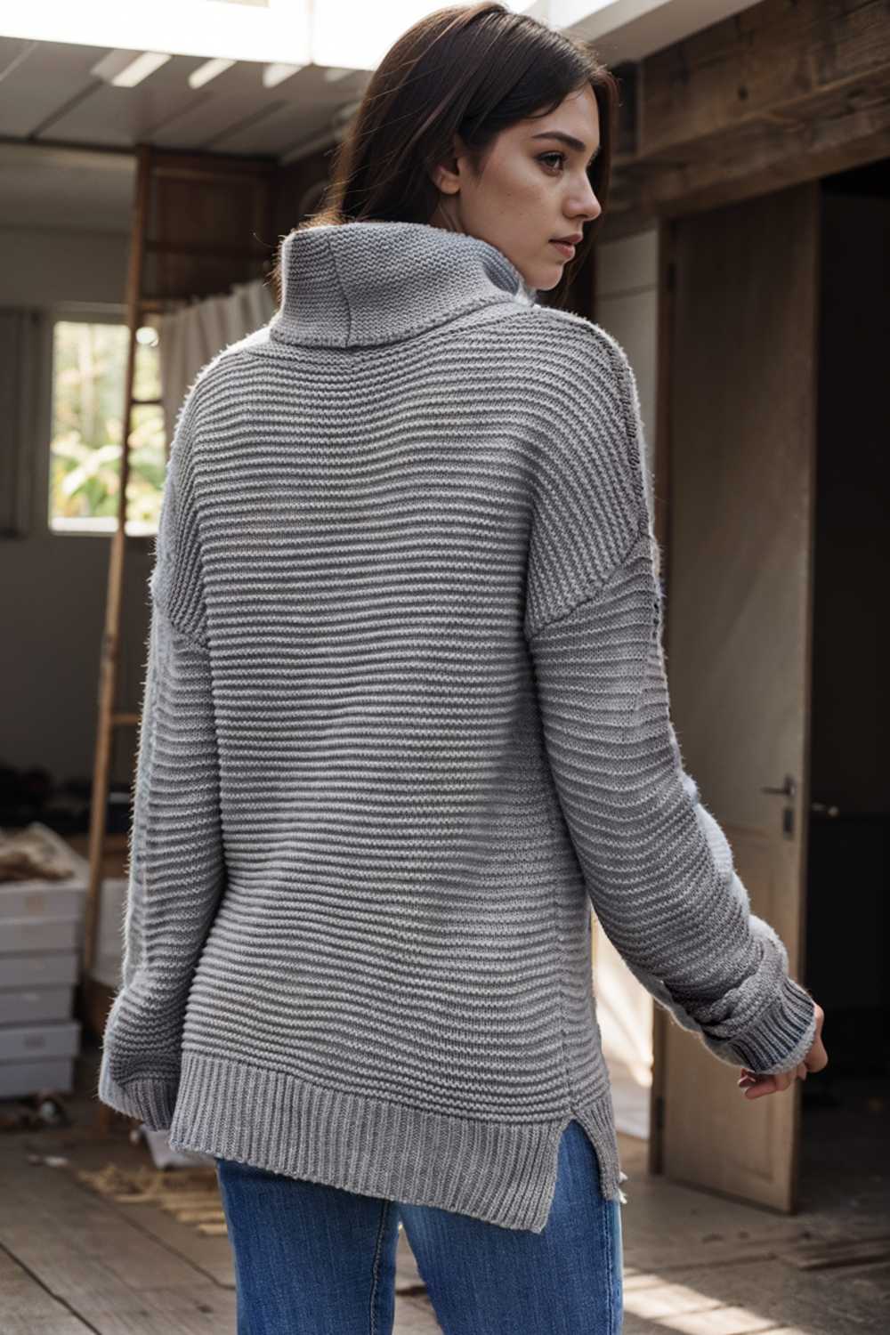 casual chunky knit mock neck long sleeve split pullover sweater 111707