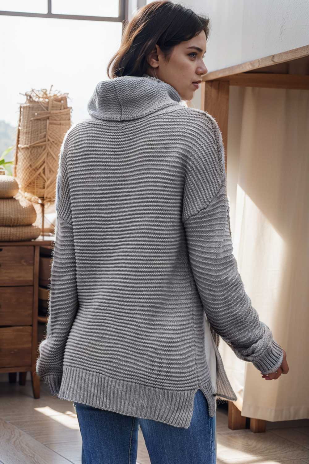 casual chunky knit mock neck long sleeve split pullover sweater 111706