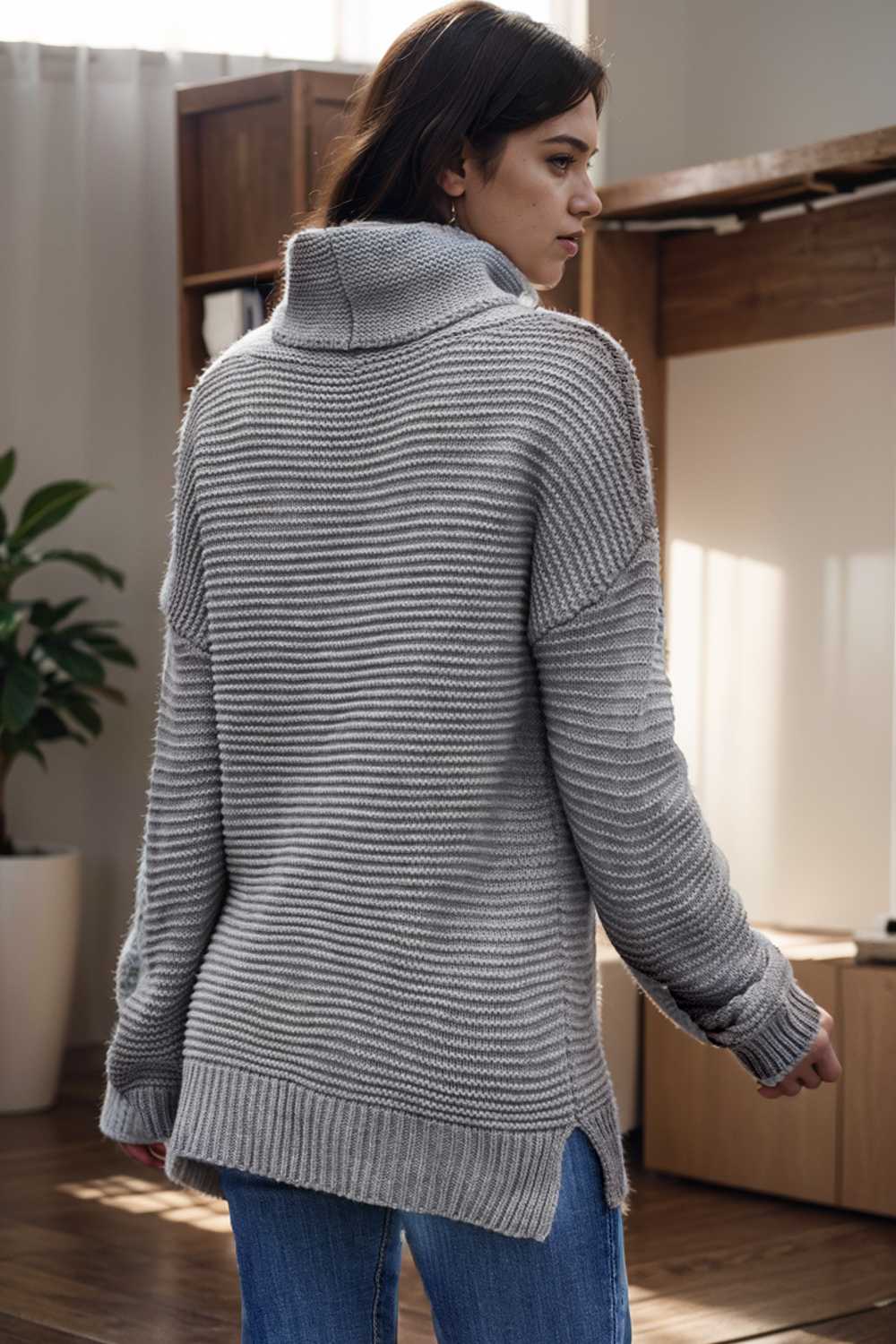 casual chunky knit mock neck long sleeve split pullover sweater 111705
