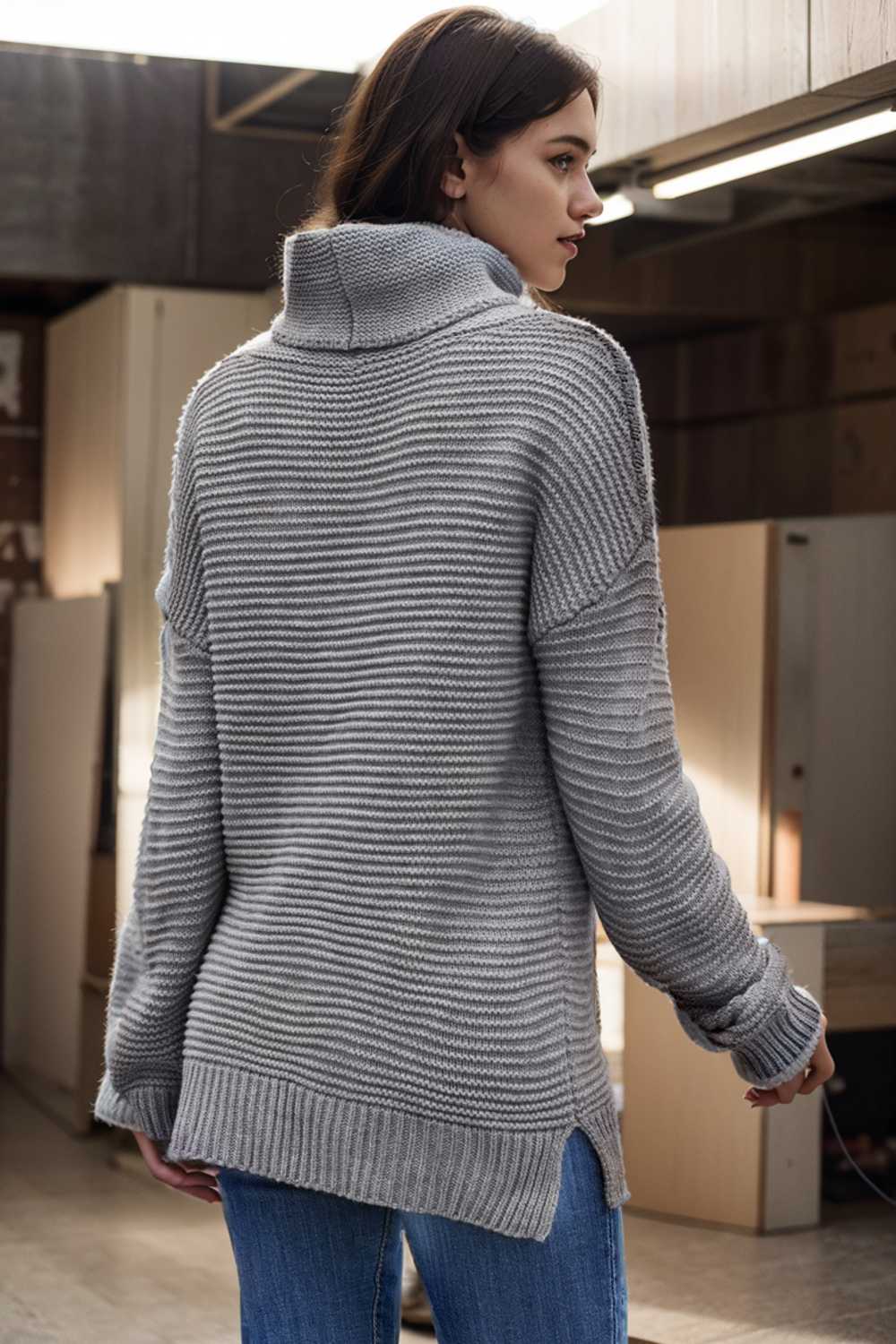 casual chunky knit mock neck long sleeve split pullover sweater 105989