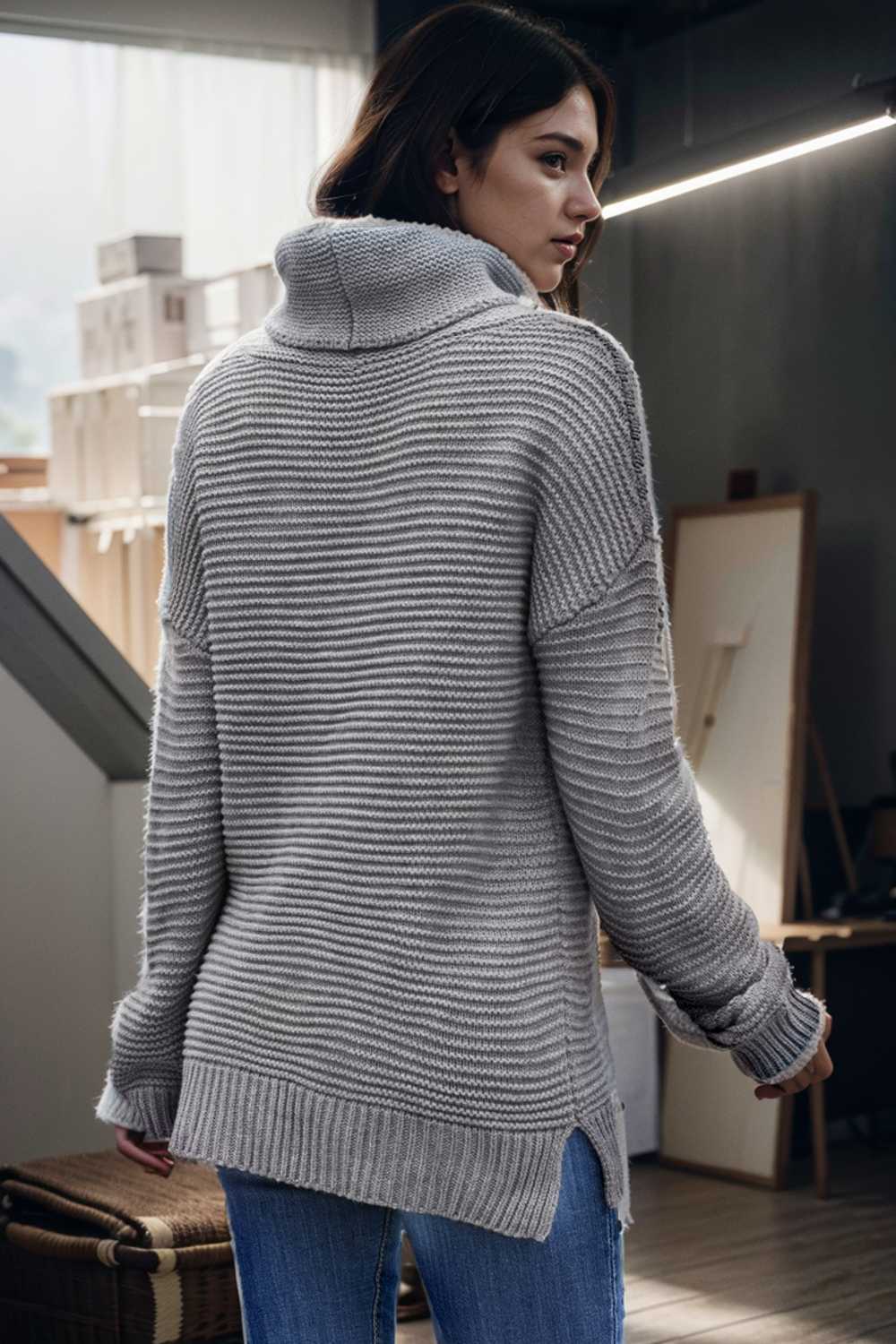 casual chunky knit mock neck long sleeve split pullover sweater 111704