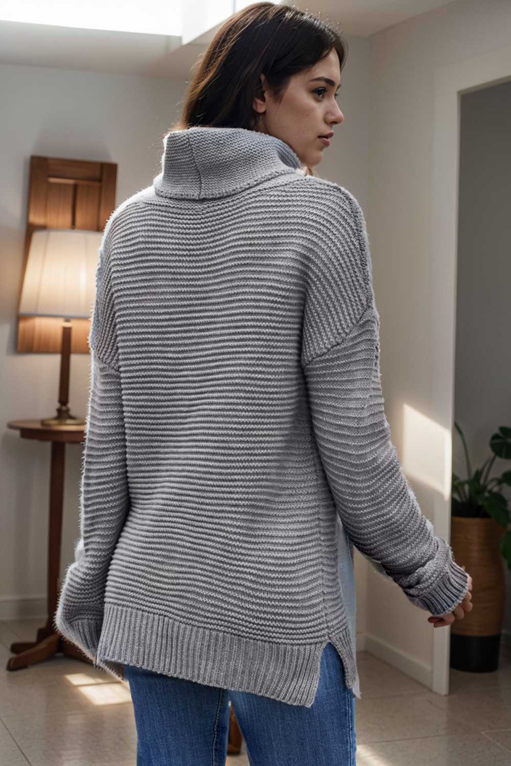 casual chunky knit mock neck long sleeve split pullover sweater 111703