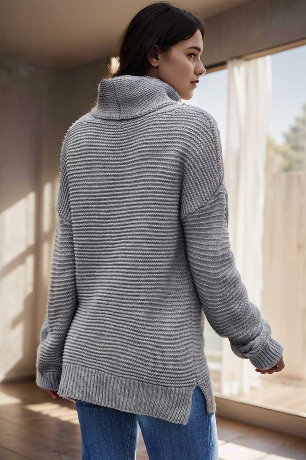 casual chunky knit mock neck long sleeve split pullover sweater 105985
