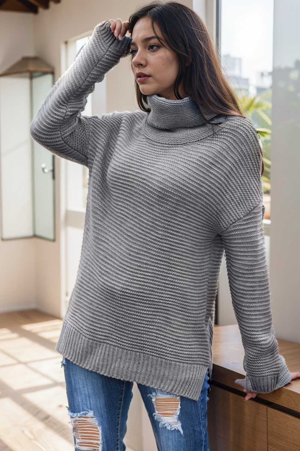 casual chunky knit mock neck long sleeve split pullover sweater 111700