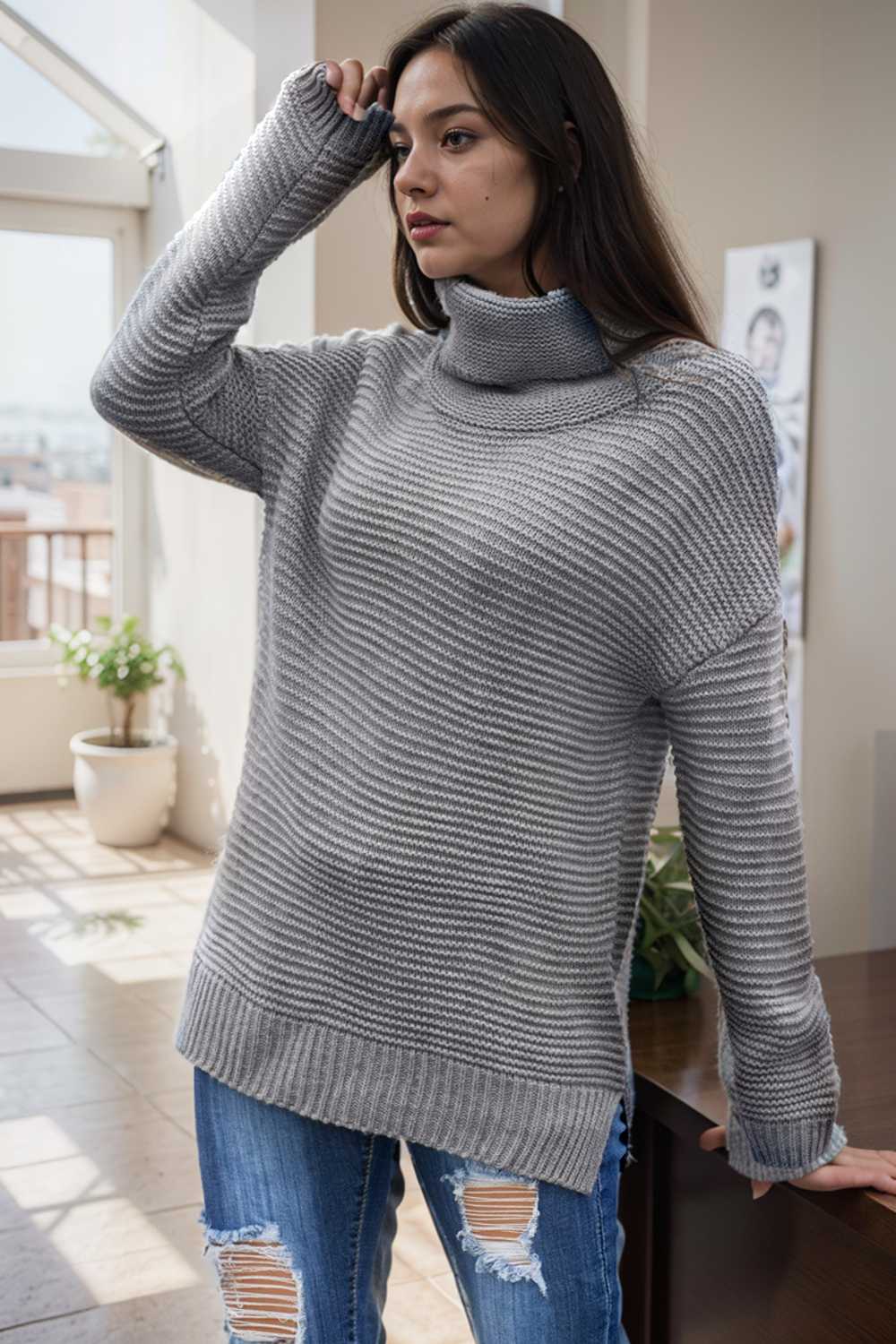 casual chunky knit mock neck long sleeve split pullover sweater 111696