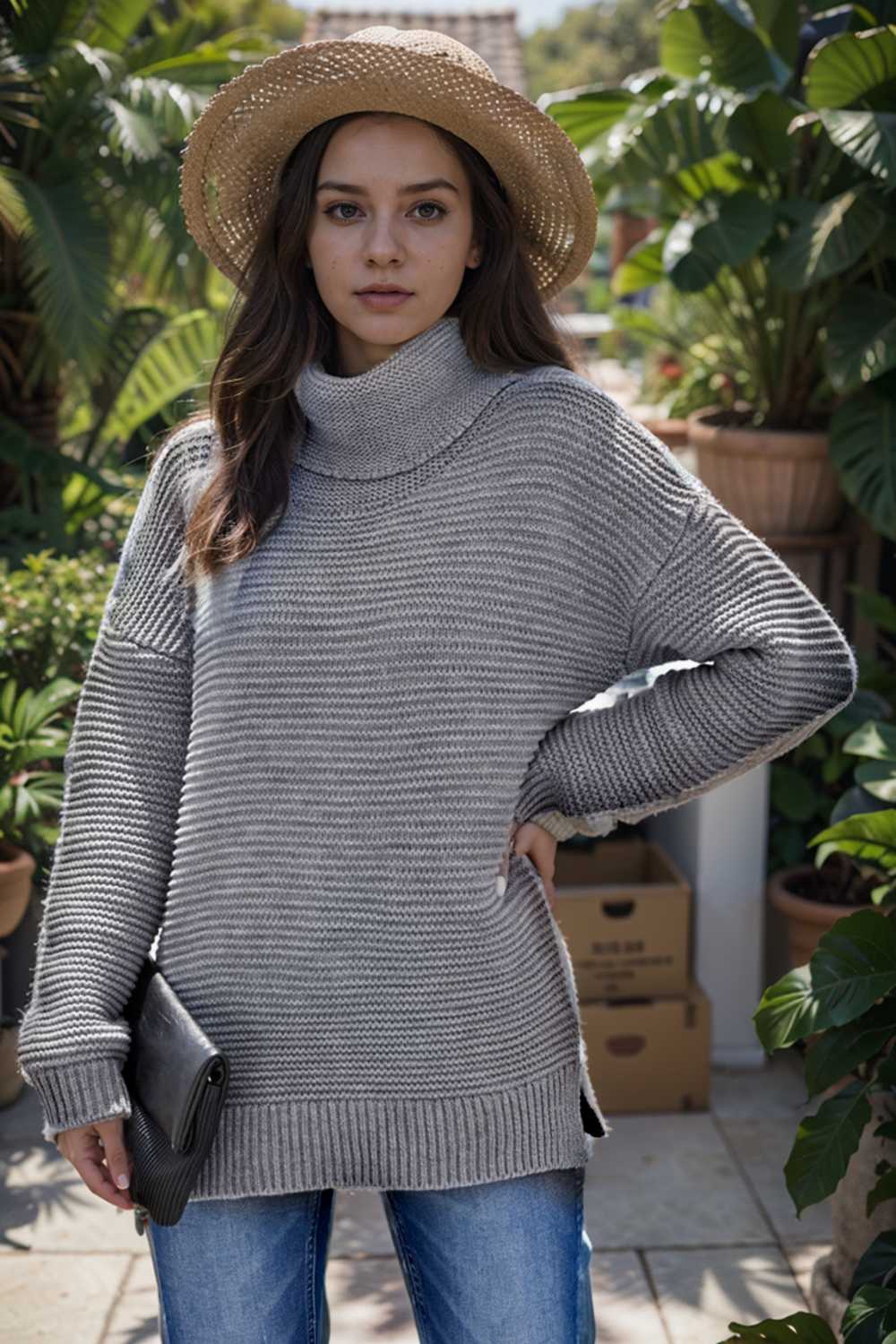 casual chunky knit mock neck long sleeve split pullover sweater 111693