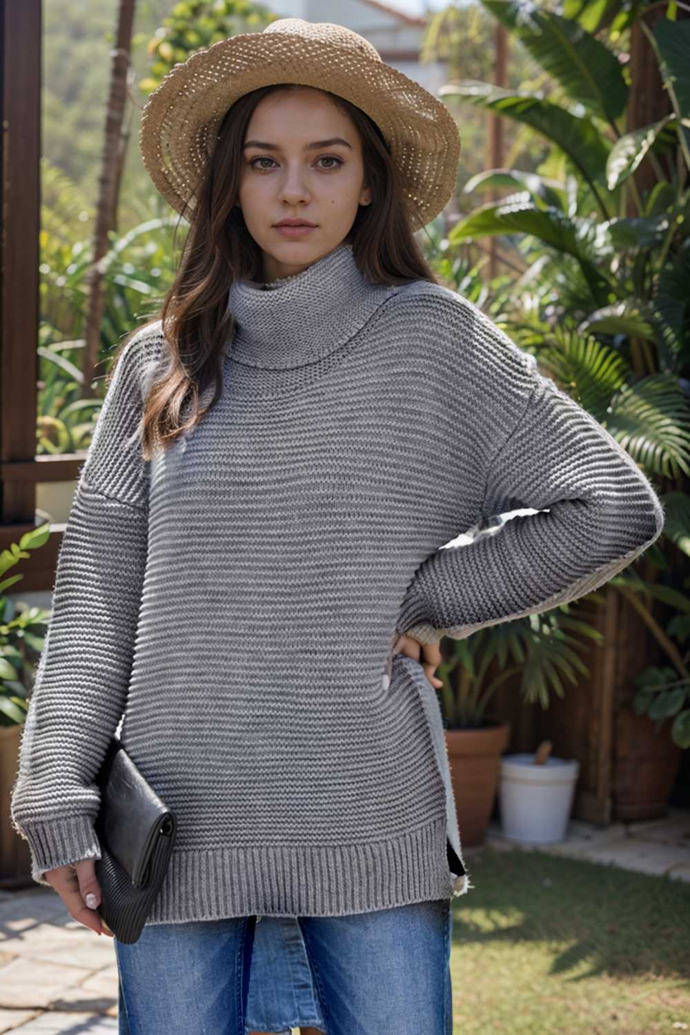 casual chunky knit mock neck long sleeve split pullover sweater 111689