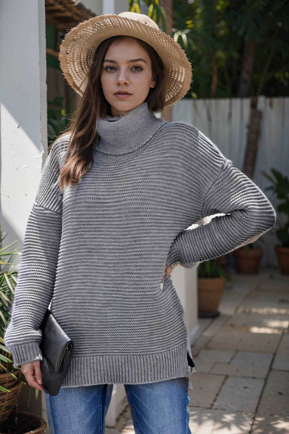 casual chunky knit mock neck long sleeve split pullover sweater 111688