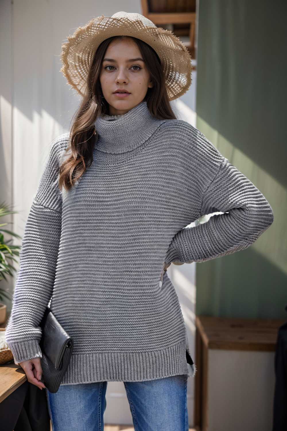 casual chunky knit mock neck long sleeve split pullover sweater 111686