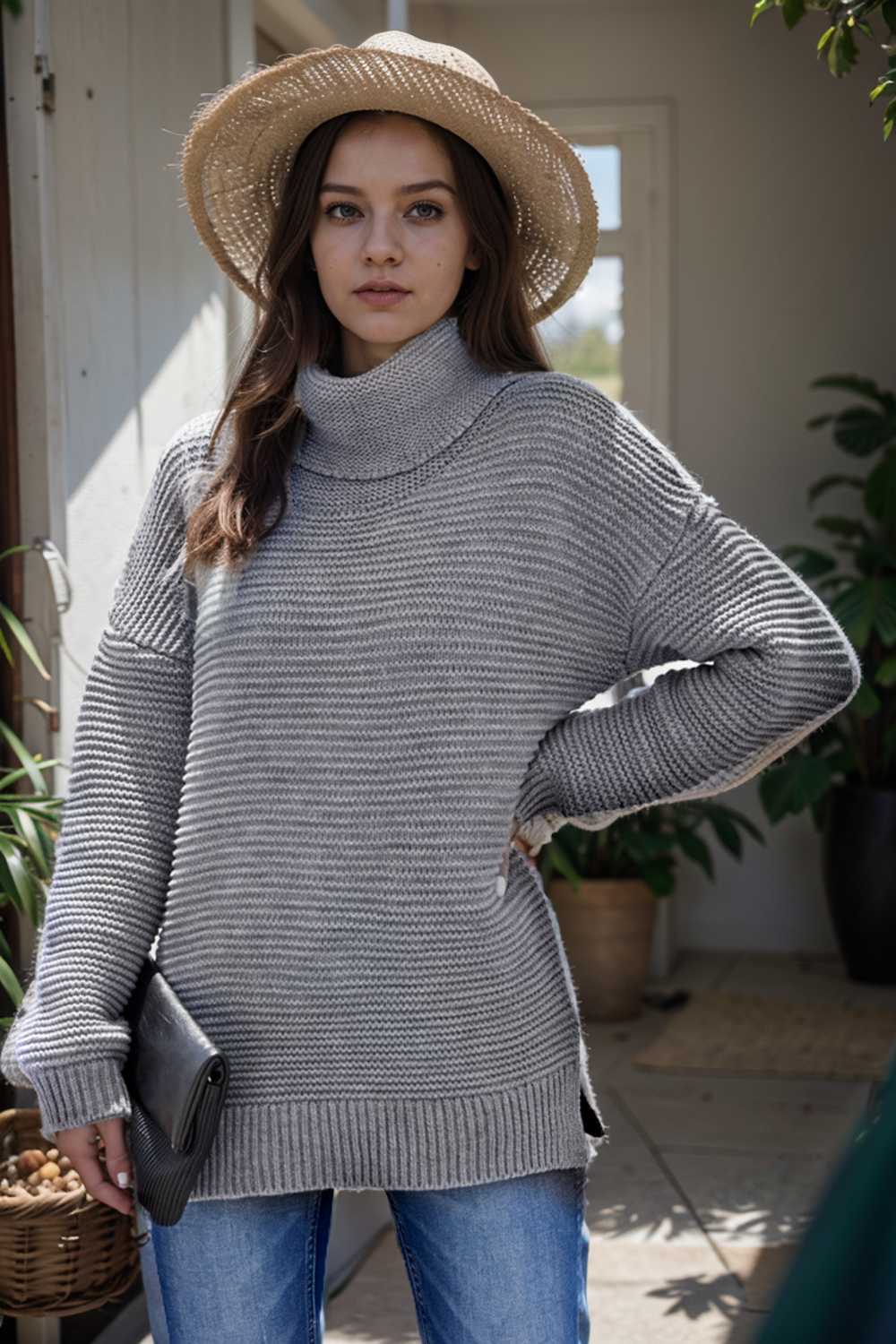 casual chunky knit mock neck long sleeve split pullover sweater 111684