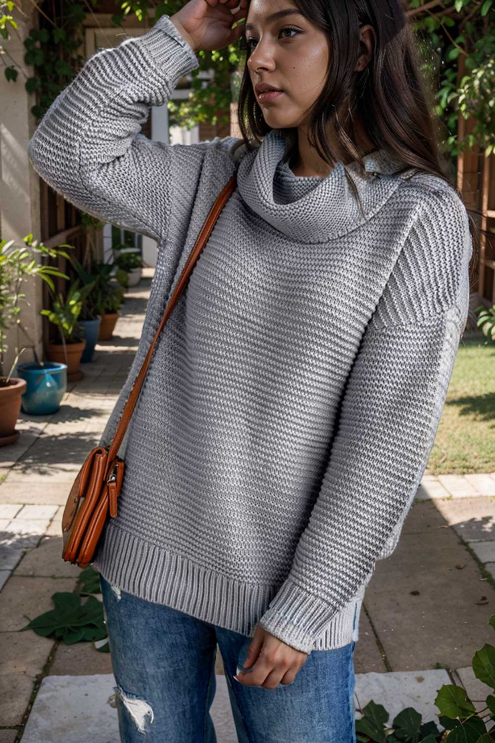 casual chunky knit mock neck long sleeve split pullover sweater 111681