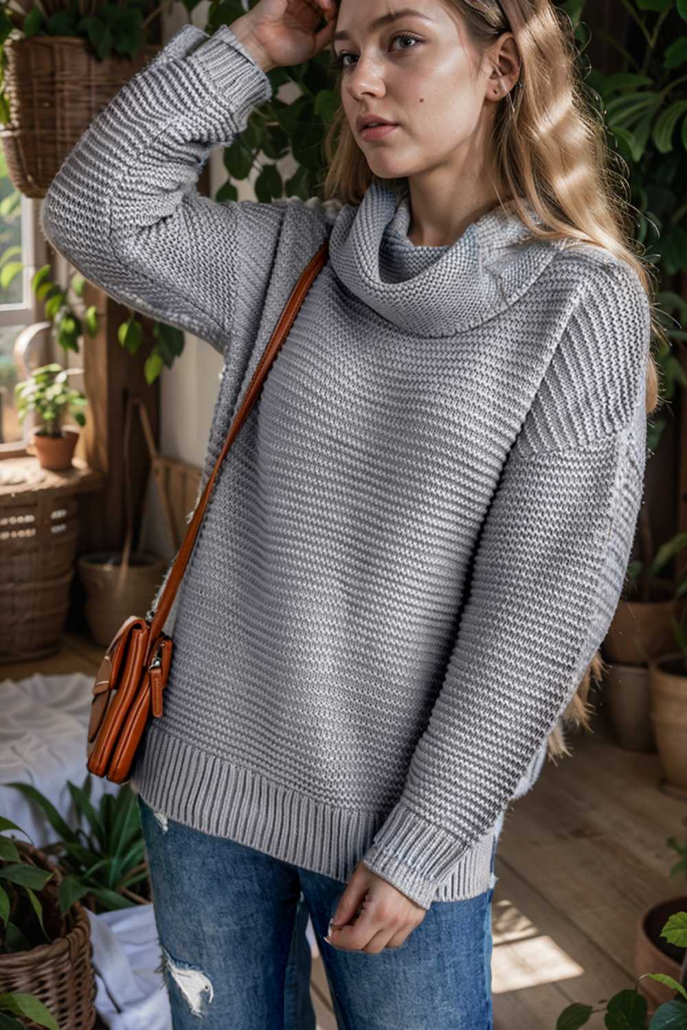 casual chunky knit mock neck long sleeve split pullover sweater 111680
