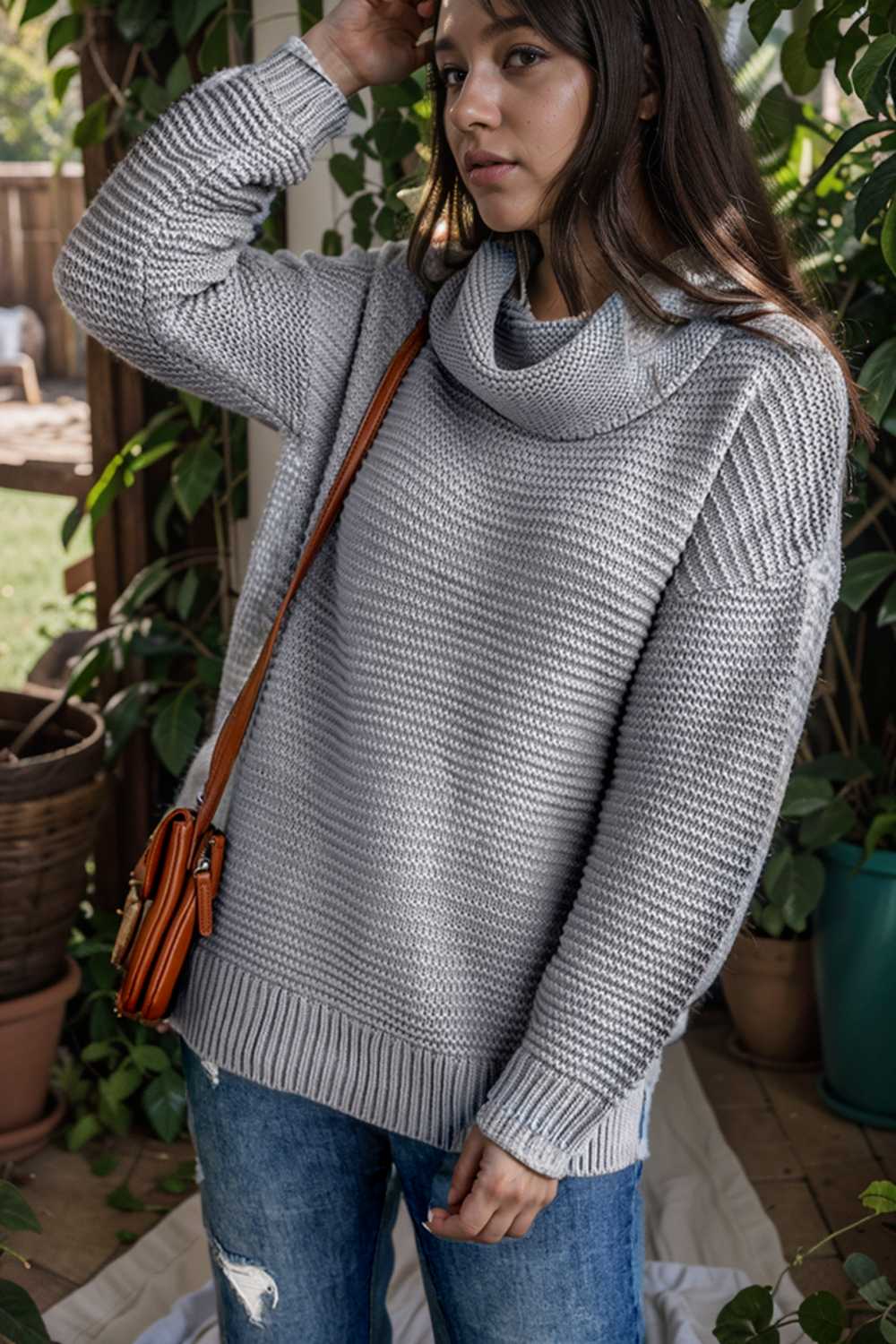 casual chunky knit mock neck long sleeve split pullover sweater 111678