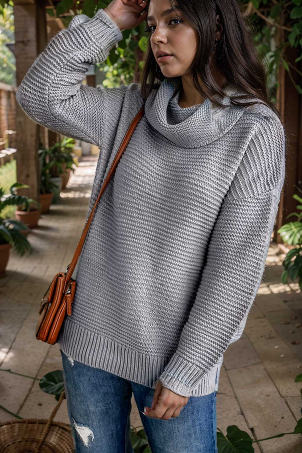 casual chunky knit mock neck long sleeve split pullover sweater 111676