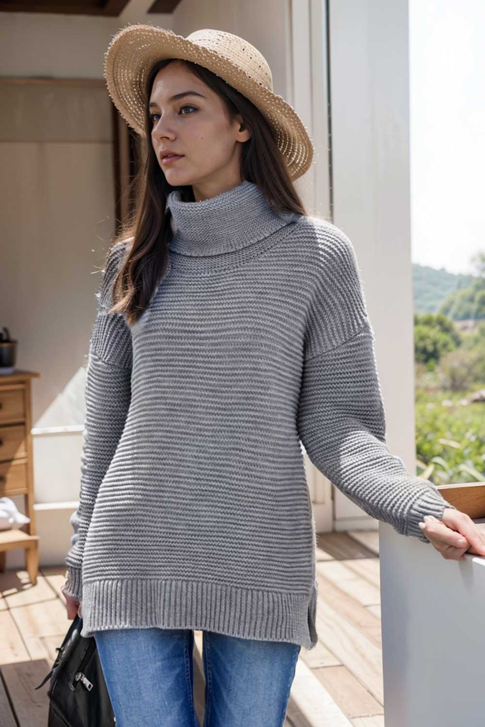 casual chunky knit mock neck long sleeve split pullover sweater 111674