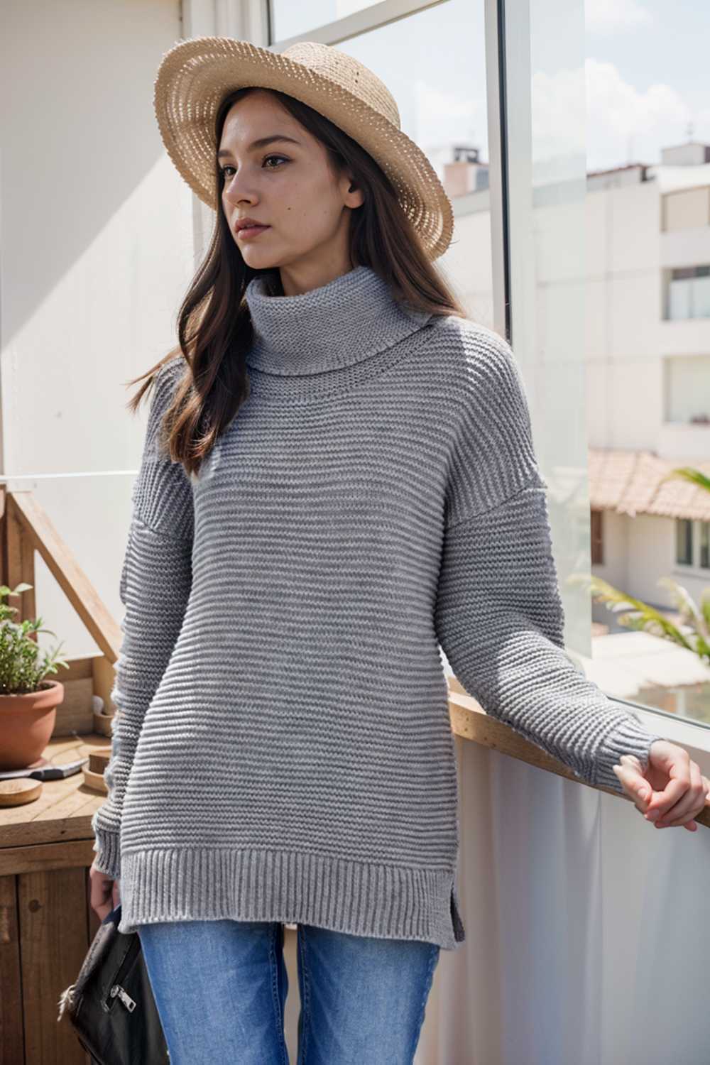 casual chunky knit mock neck long sleeve split pullover sweater 111673