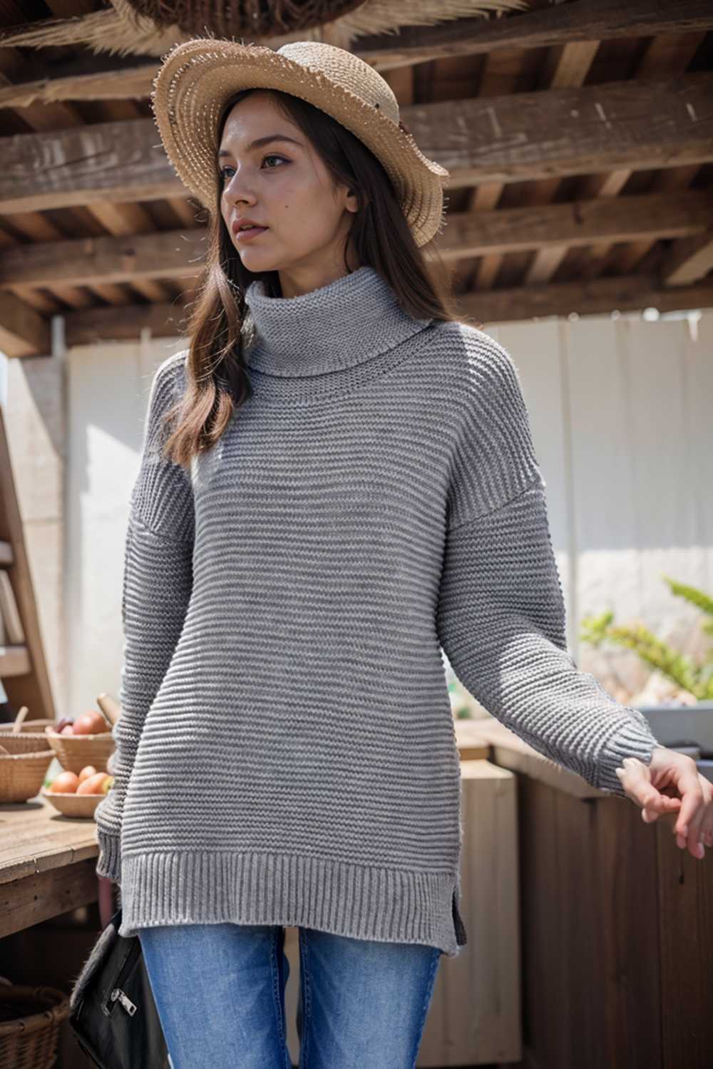casual chunky knit mock neck long sleeve split pullover sweater 111672