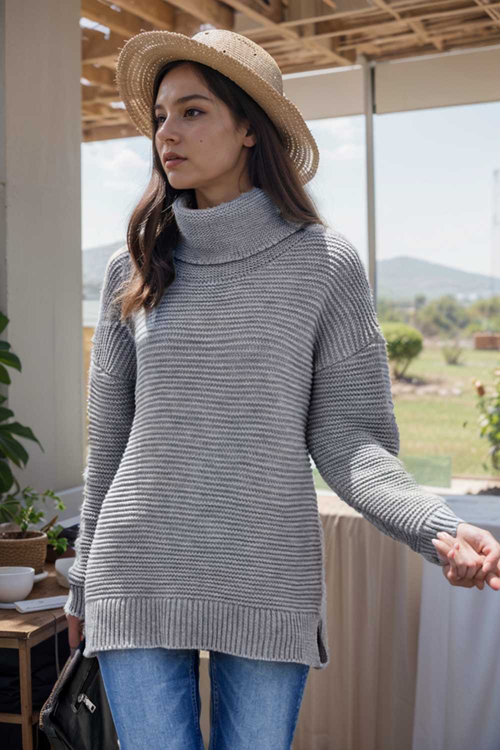 casual chunky knit mock neck long sleeve split pullover sweater 111671