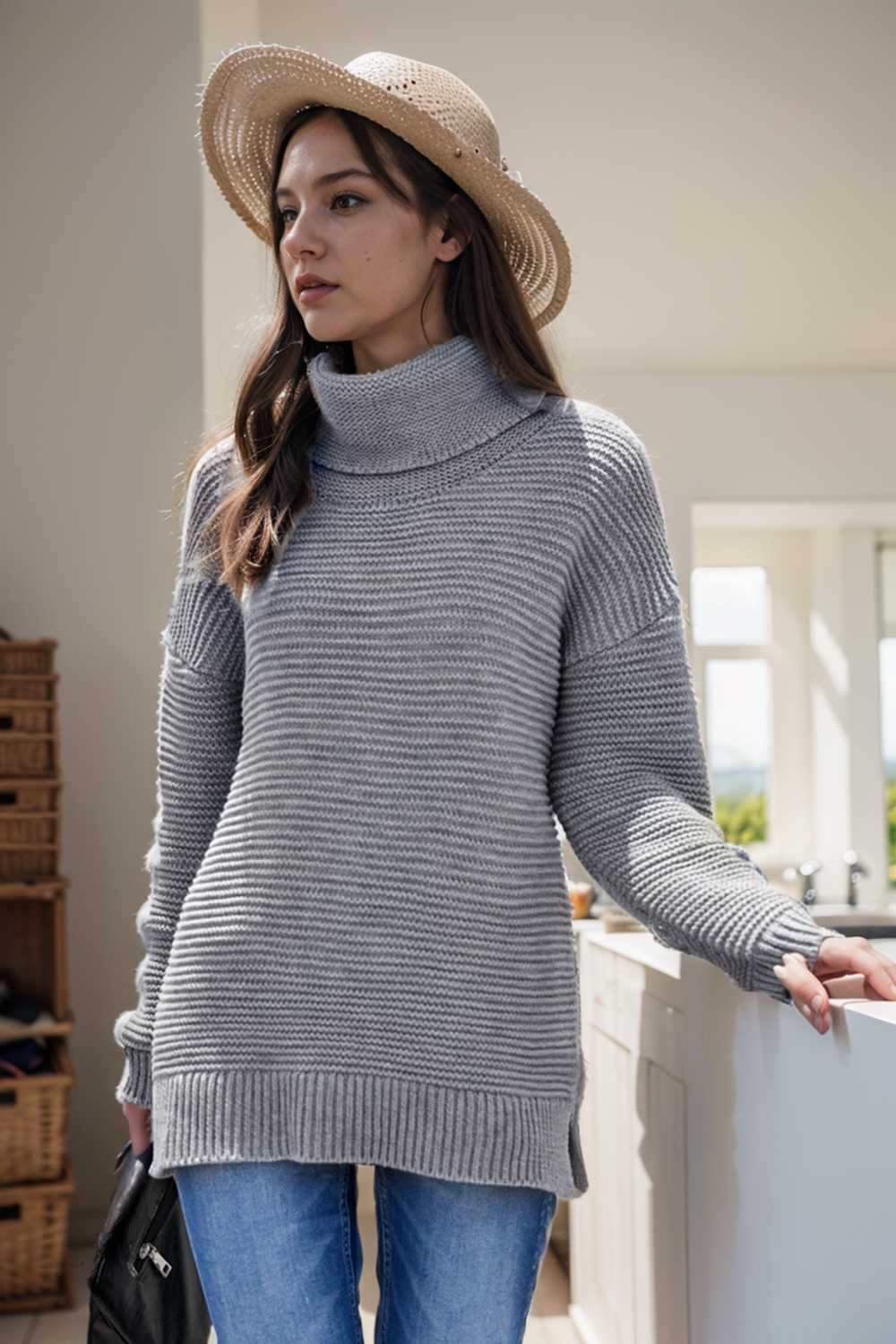 casual chunky knit mock neck long sleeve split pullover sweater 111669