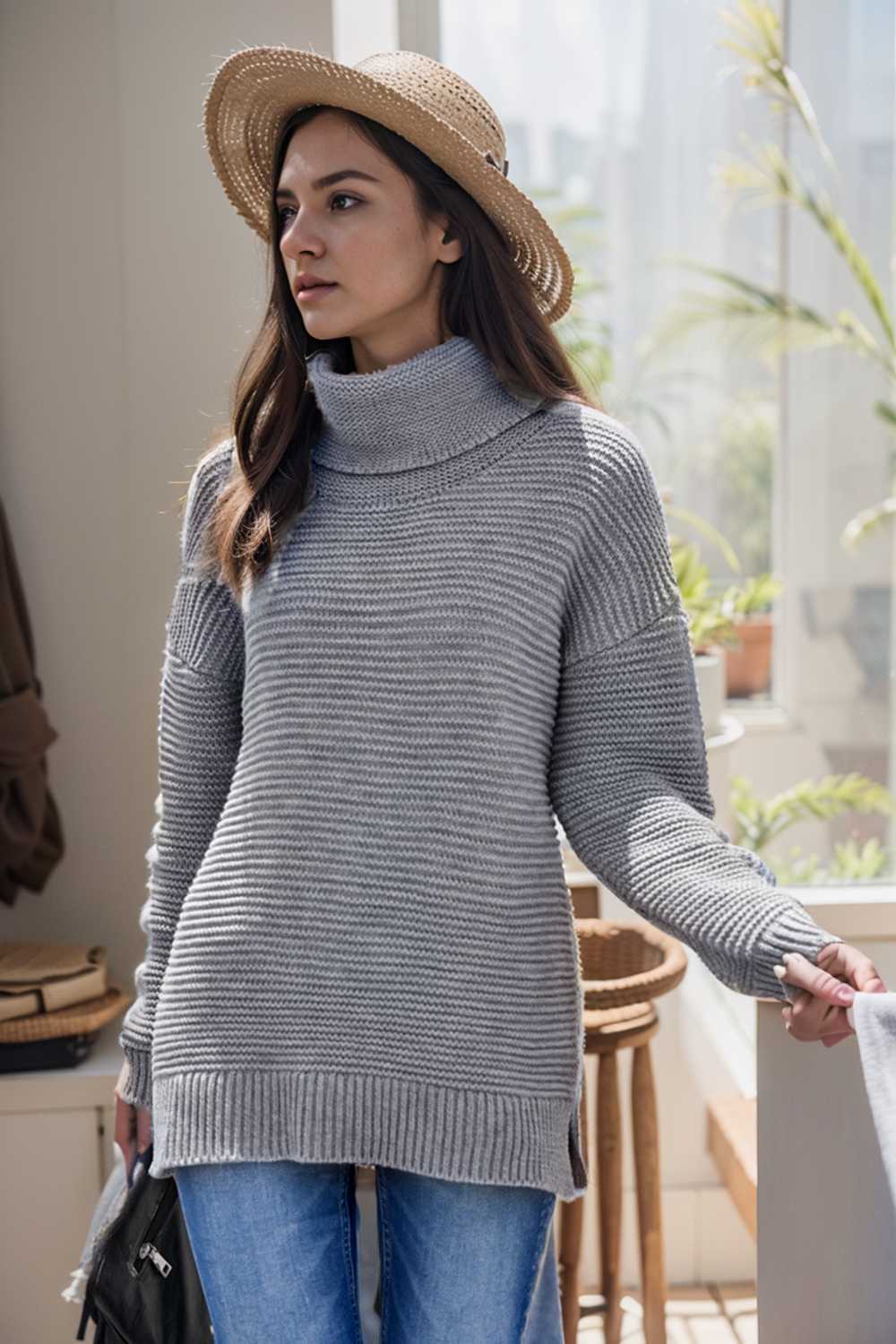 casual chunky knit mock neck long sleeve split pullover sweater 105917