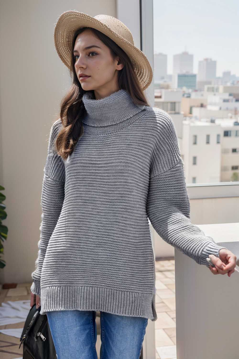 casual chunky knit mock neck long sleeve split pullover sweater 111668