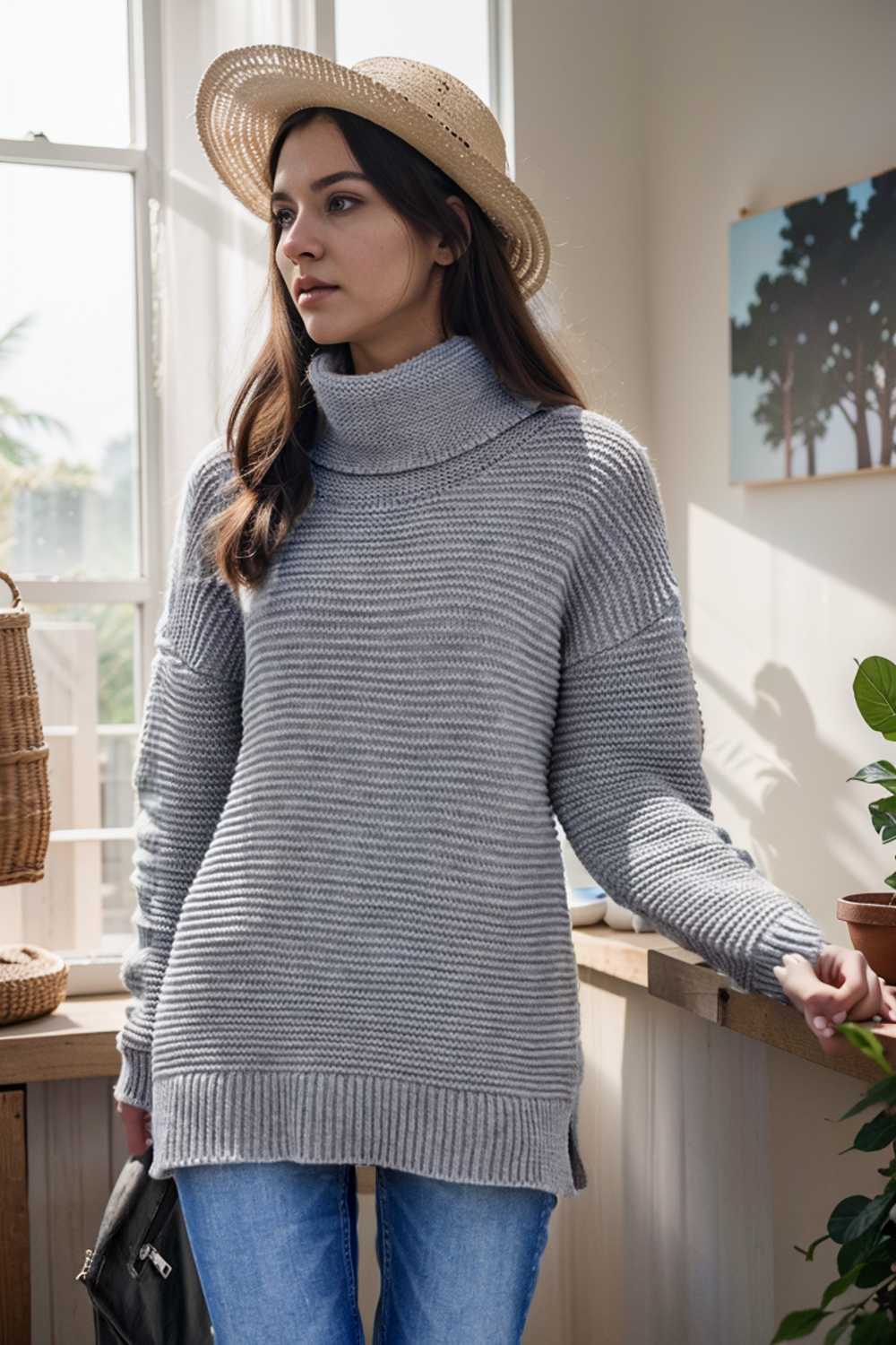 casual chunky knit mock neck long sleeve split pullover sweater 105915