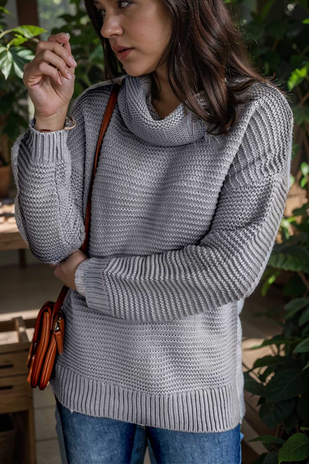 casual chunky knit mock neck long sleeve split pullover sweater 107216