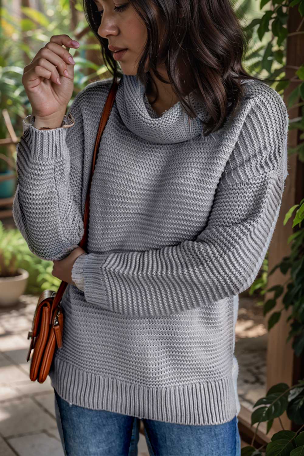 casual chunky knit mock neck long sleeve split pullover sweater 111037