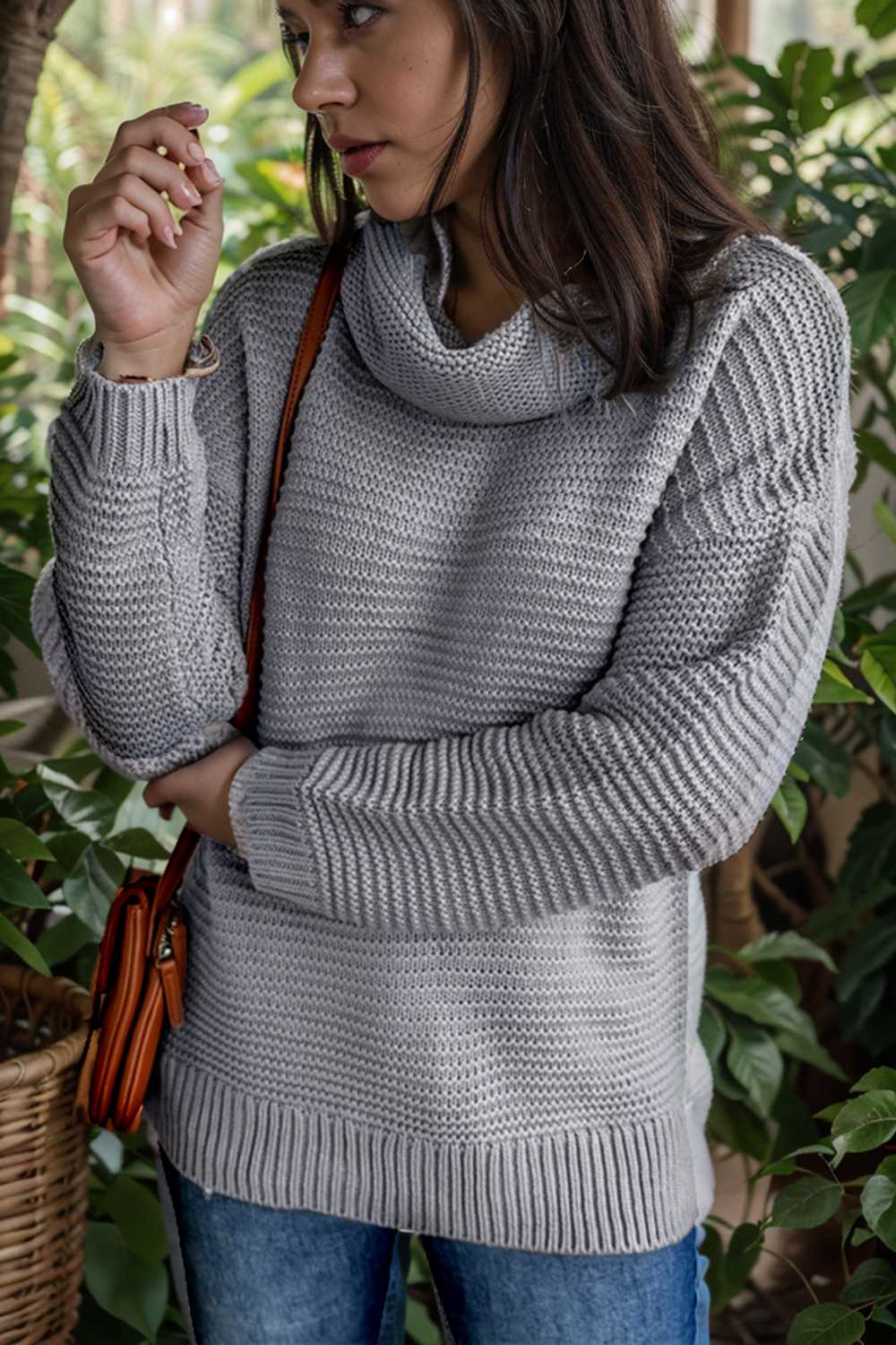 casual chunky knit mock neck long sleeve split pullover sweater 105906