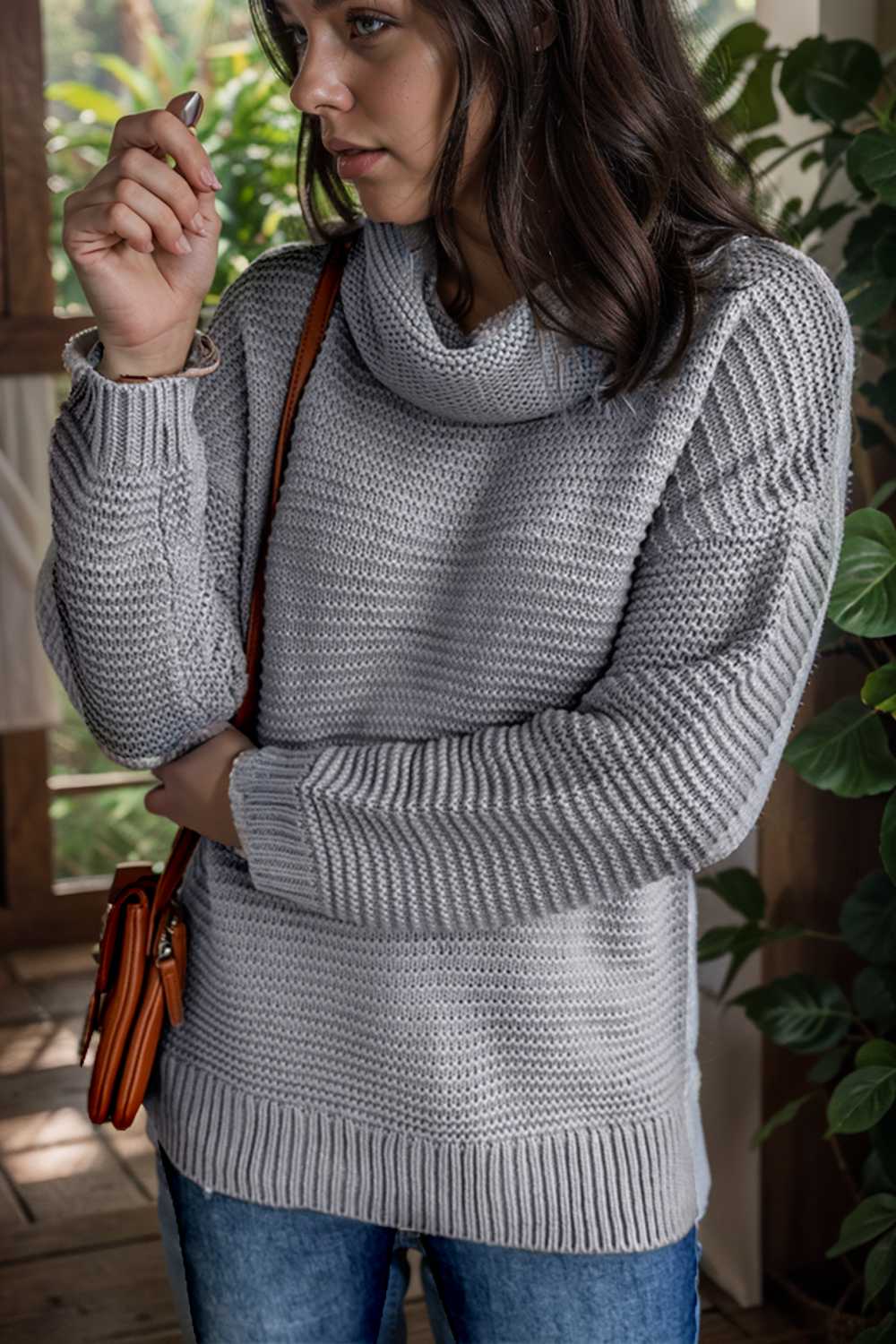 casual chunky knit mock neck long sleeve split pullover sweater 111665