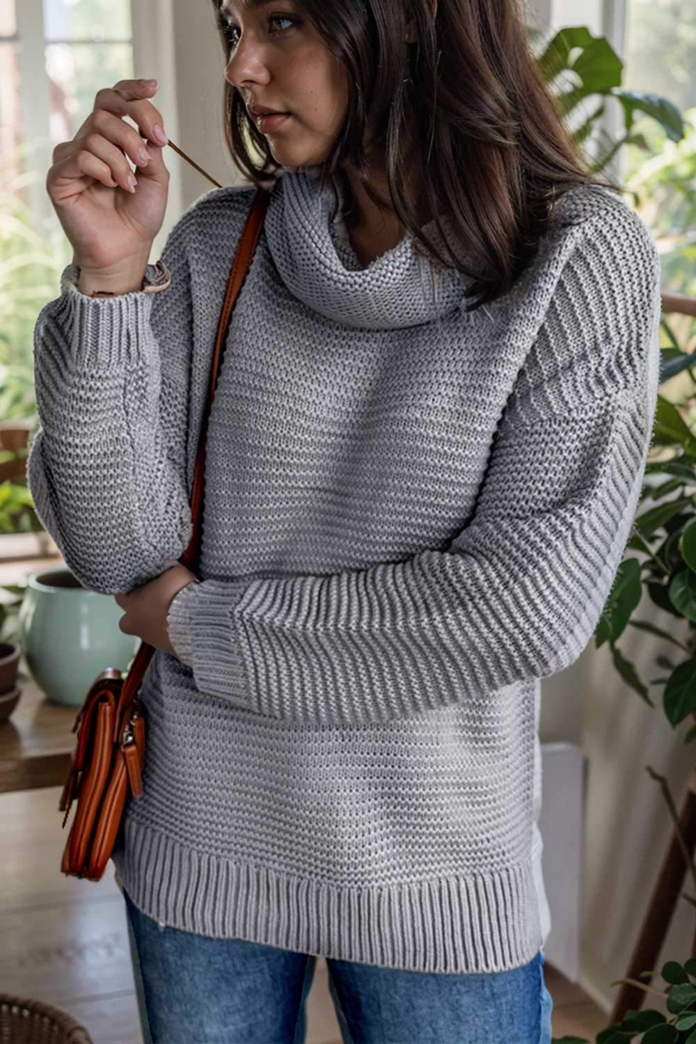 casual chunky knit mock neck long sleeve split pullover sweater 111663