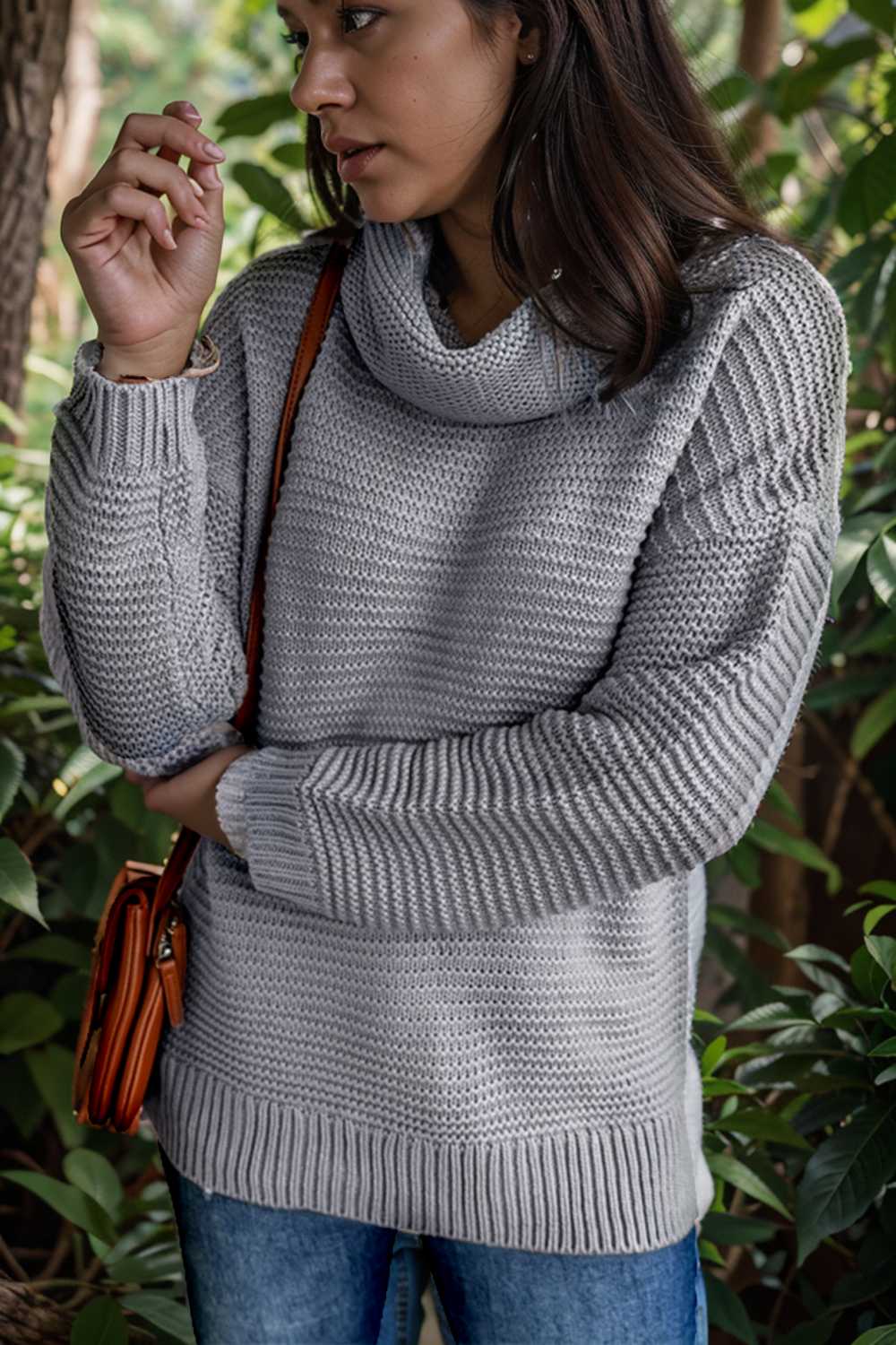 casual chunky knit mock neck long sleeve split pullover sweater 105898