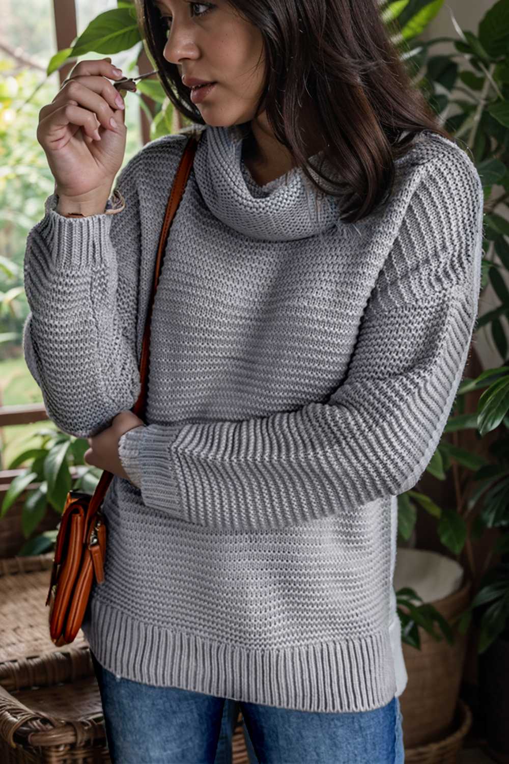 casual chunky knit mock neck long sleeve split pullover sweater 105897