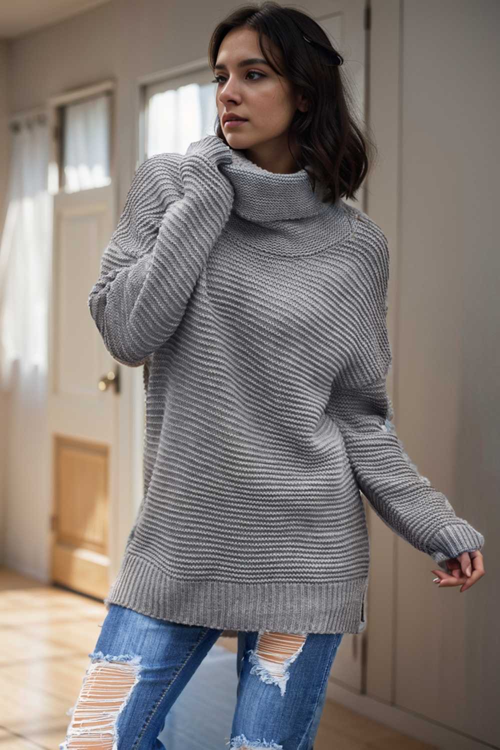 casual chunky knit mock neck long sleeve split pullover sweater 111036