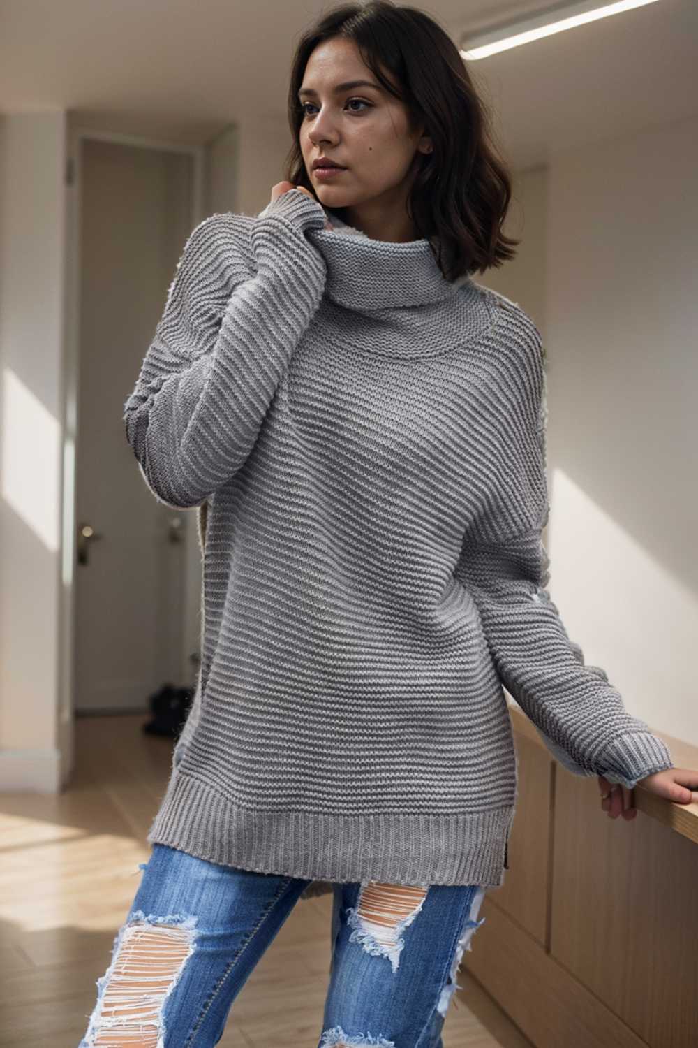 casual chunky knit mock neck long sleeve split pullover sweater 111656