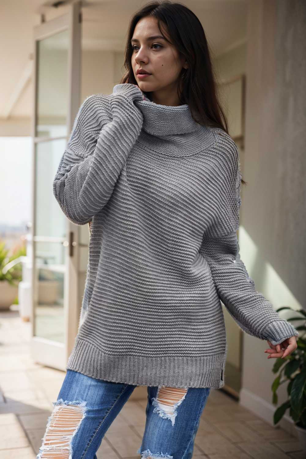casual chunky knit mock neck long sleeve split pullover sweater 111655