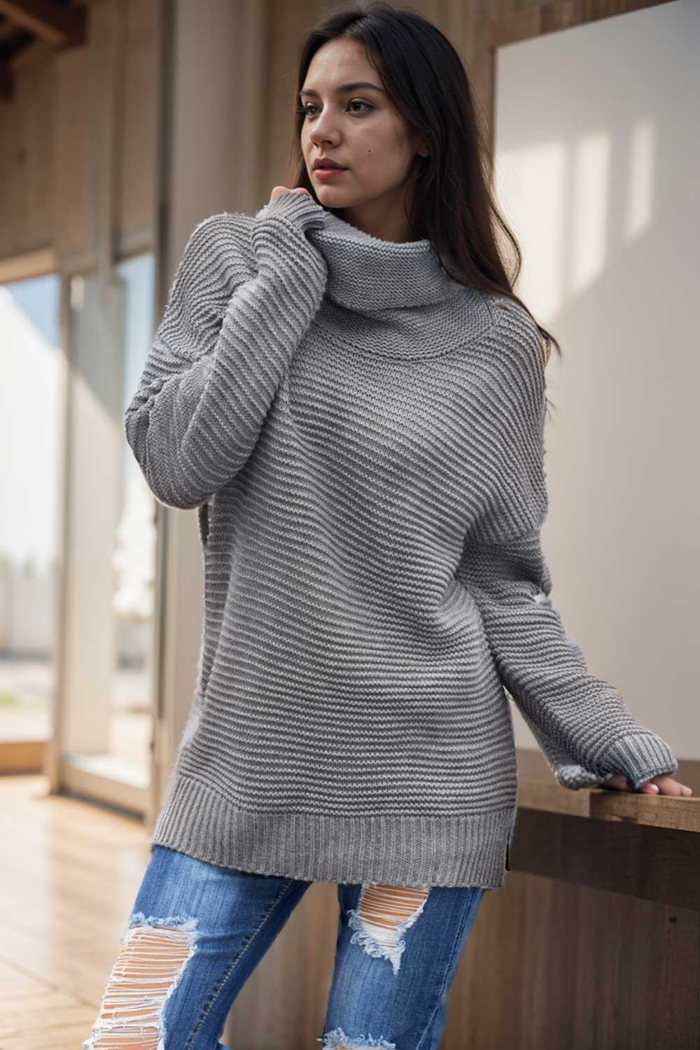 casual chunky knit mock neck long sleeve split pullover sweater 111654