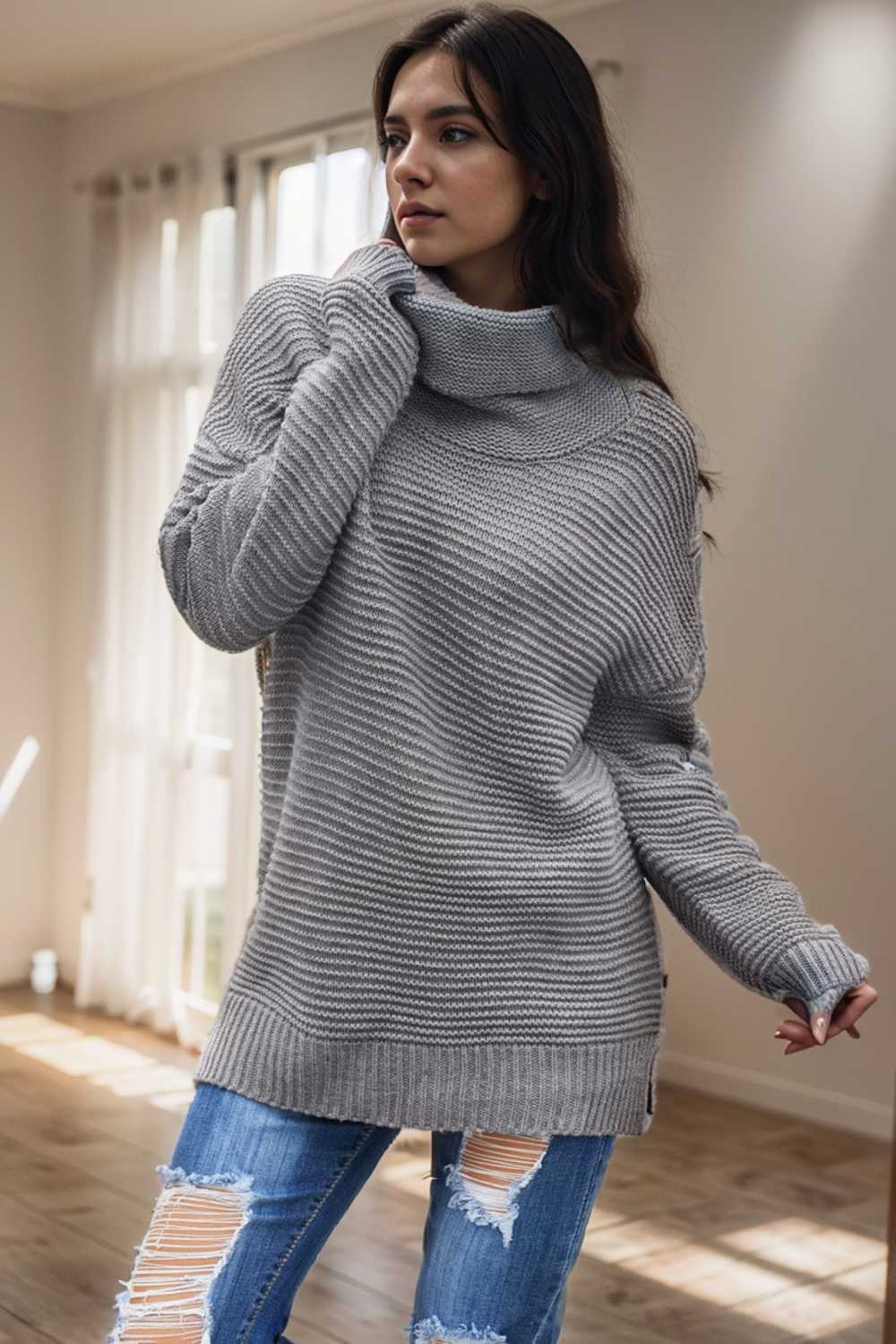 casual chunky knit mock neck long sleeve split pullover sweater 105880