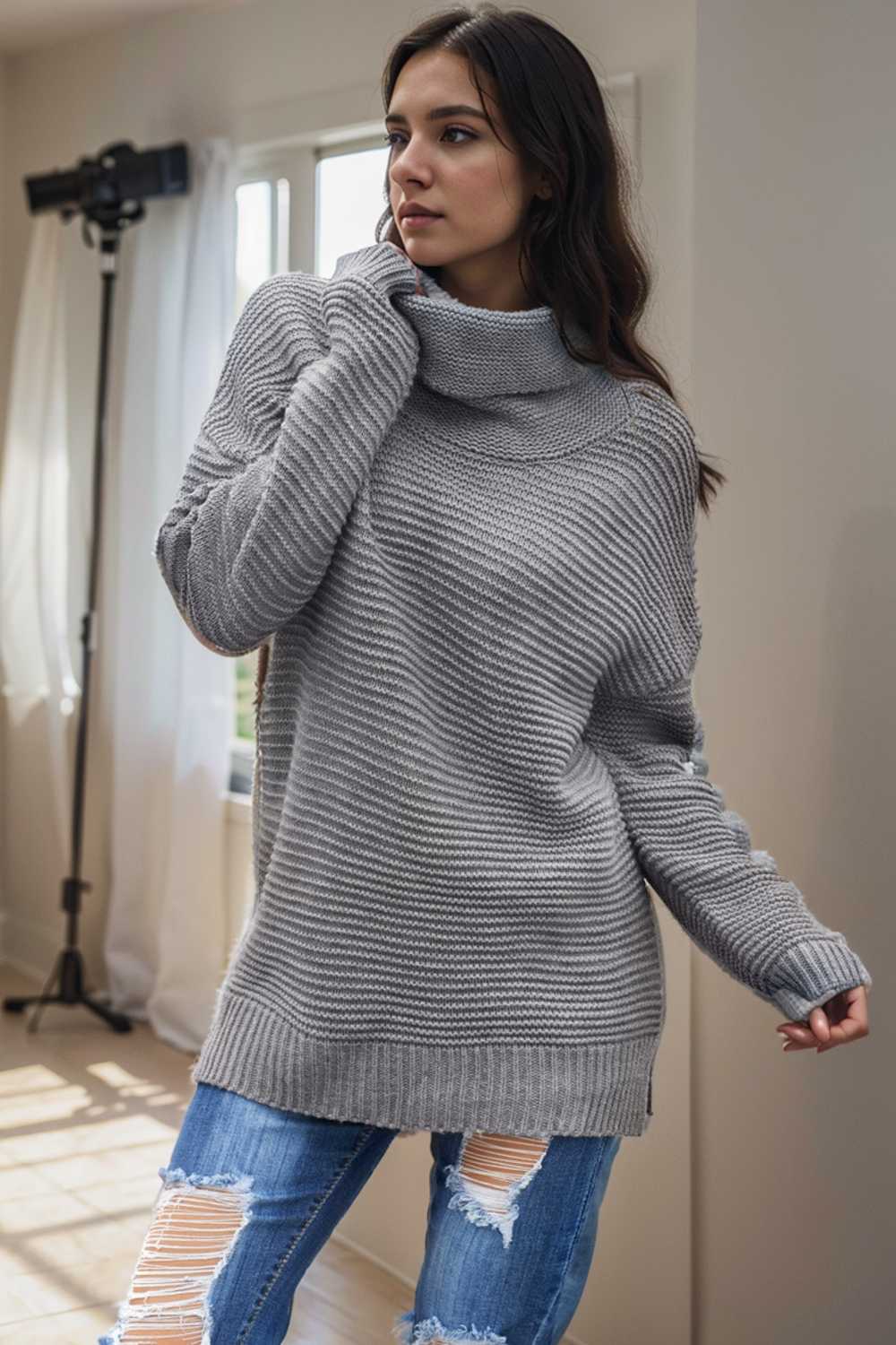 casual chunky knit mock neck long sleeve split pullover sweater 105876