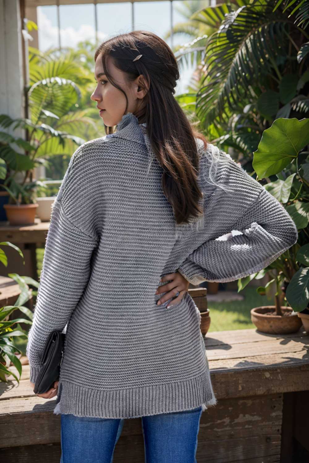 casual chunky knit mock neck long sleeve split pullover sweater 108194
