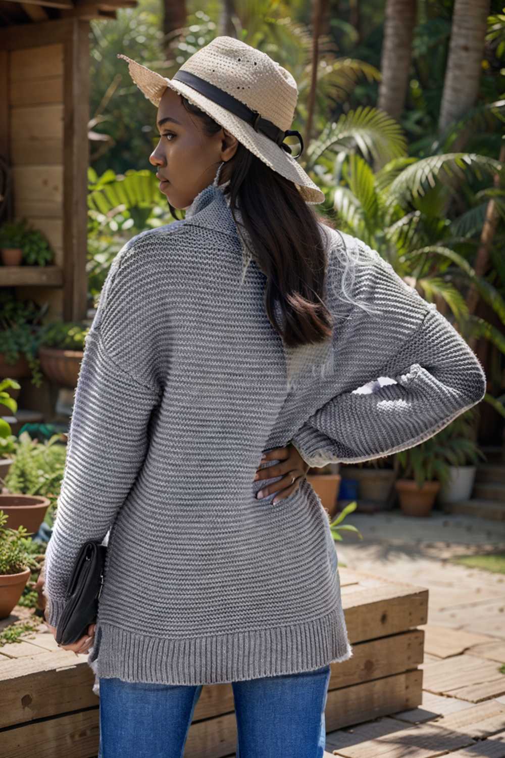casual chunky knit mock neck long sleeve split pullover sweater 111035
