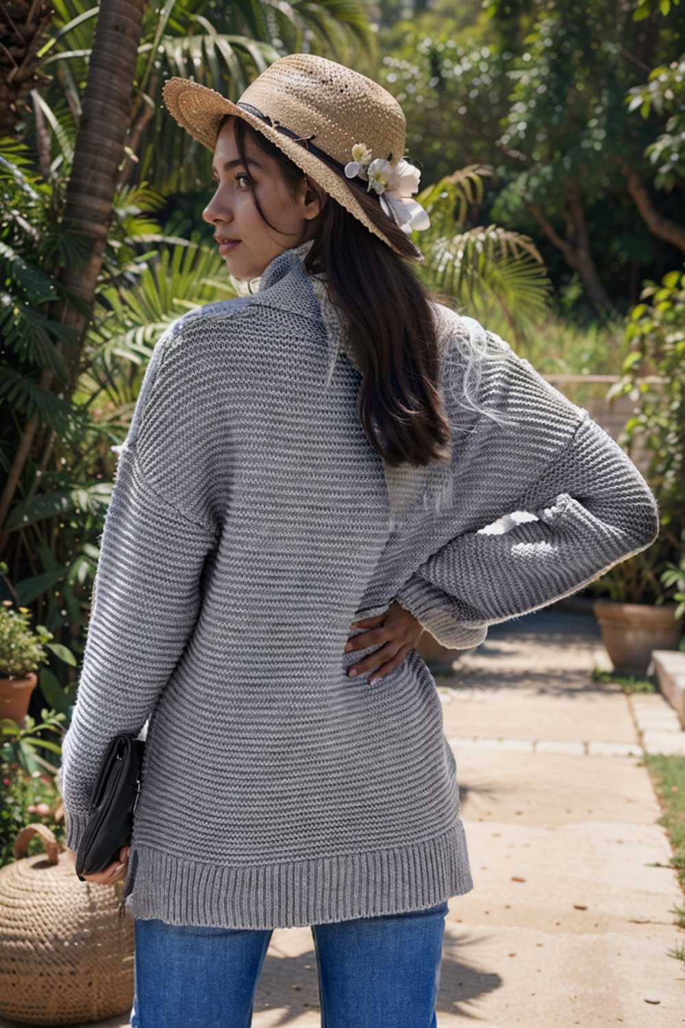 casual chunky knit mock neck long sleeve split pullover sweater 111653