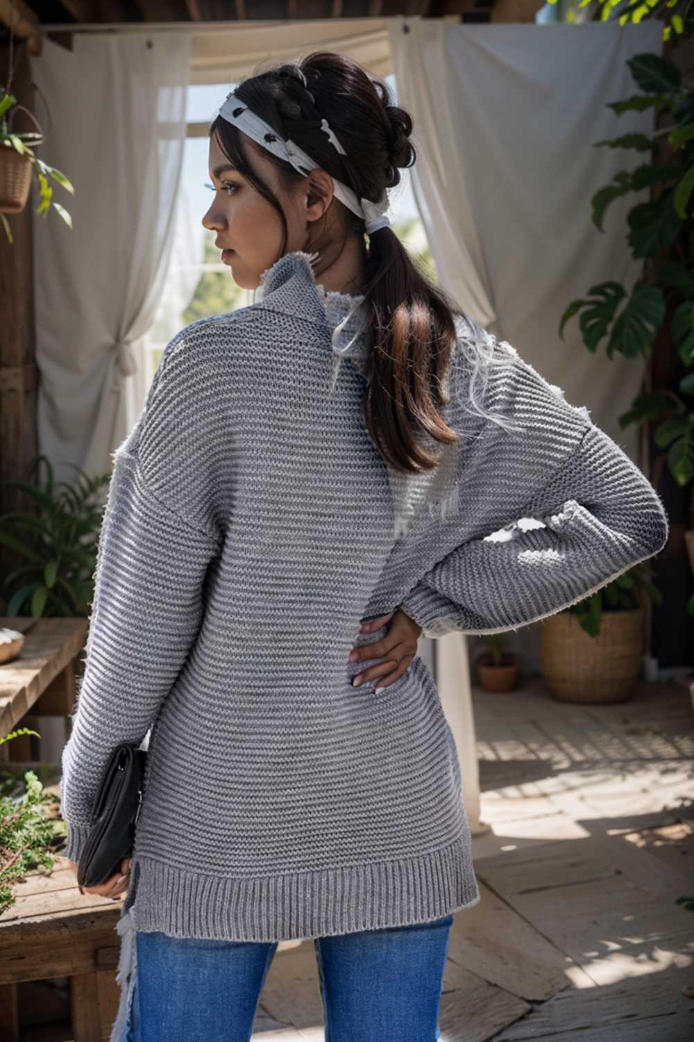 casual chunky knit mock neck long sleeve split pullover sweater 112742