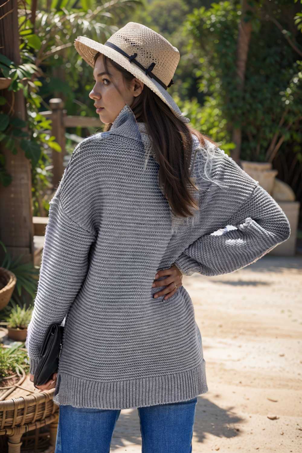 casual chunky knit mock neck long sleeve split pullover sweater 111650