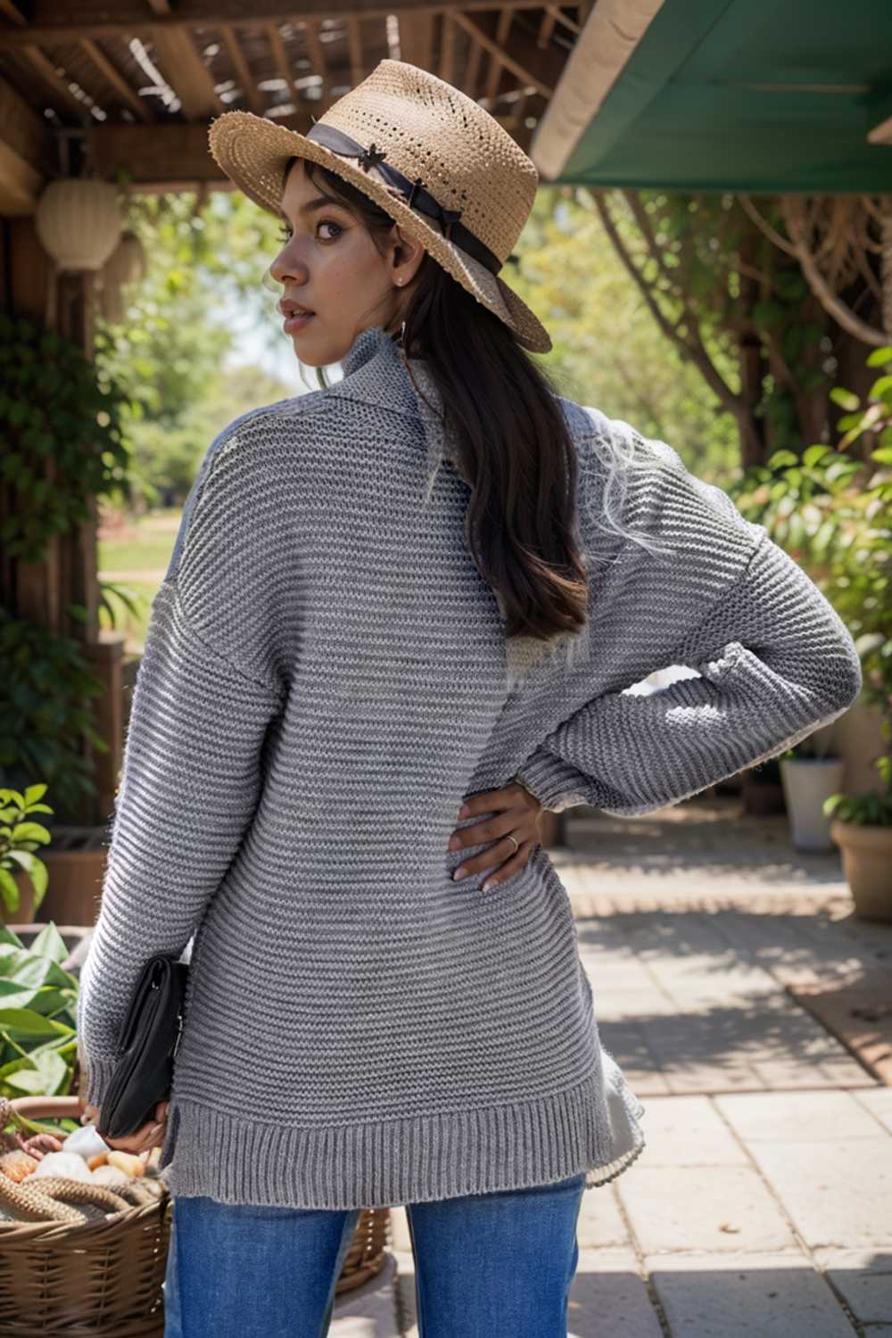 casual chunky knit mock neck long sleeve split pullover sweater 111648