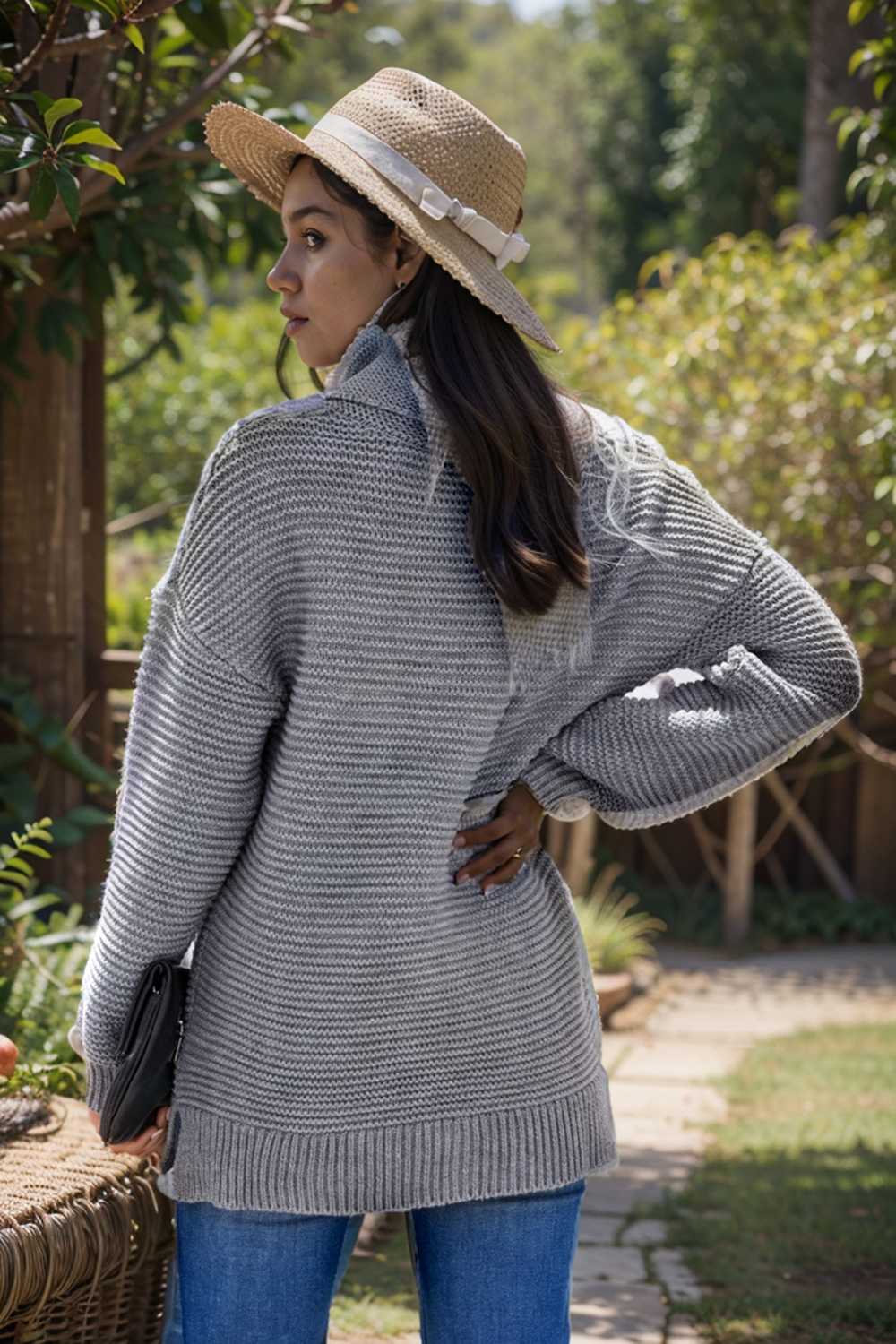 casual chunky knit mock neck long sleeve split pullover sweater 111647