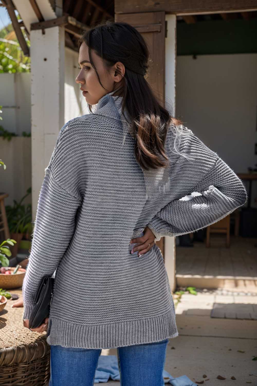 casual chunky knit mock neck long sleeve split pullover sweater 105865