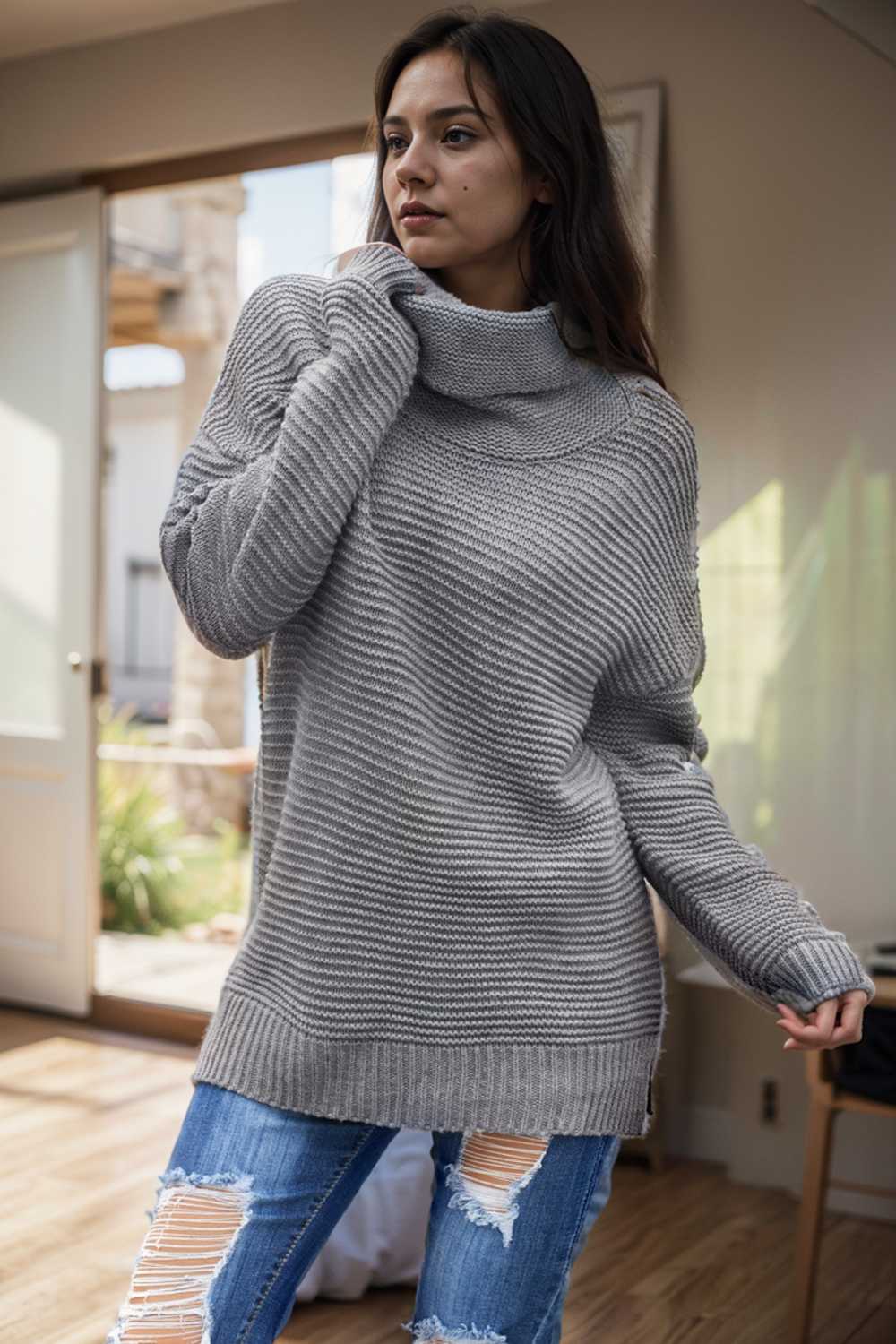 casual chunky knit mock neck long sleeve split pullover sweater 111646